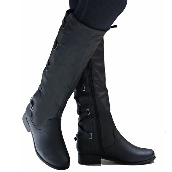 New Women Black Strappy Buckle Knee High Riding Boots - Picture 3 of 4